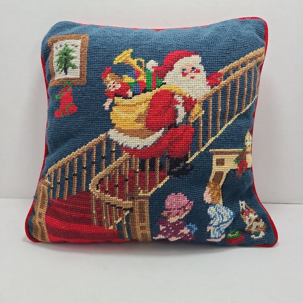 Vintage Imperial Elegance Wool Needlepoint 14”X14” Pillow Christmas Santa Stairs